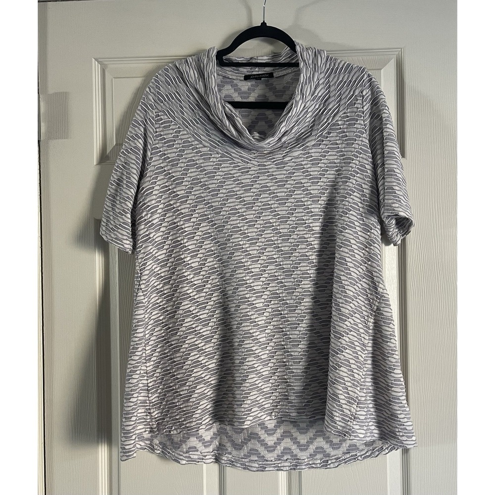 John Mark Cowl Neck Tunic Top Large Gray Textured Short Sleeves Blouse